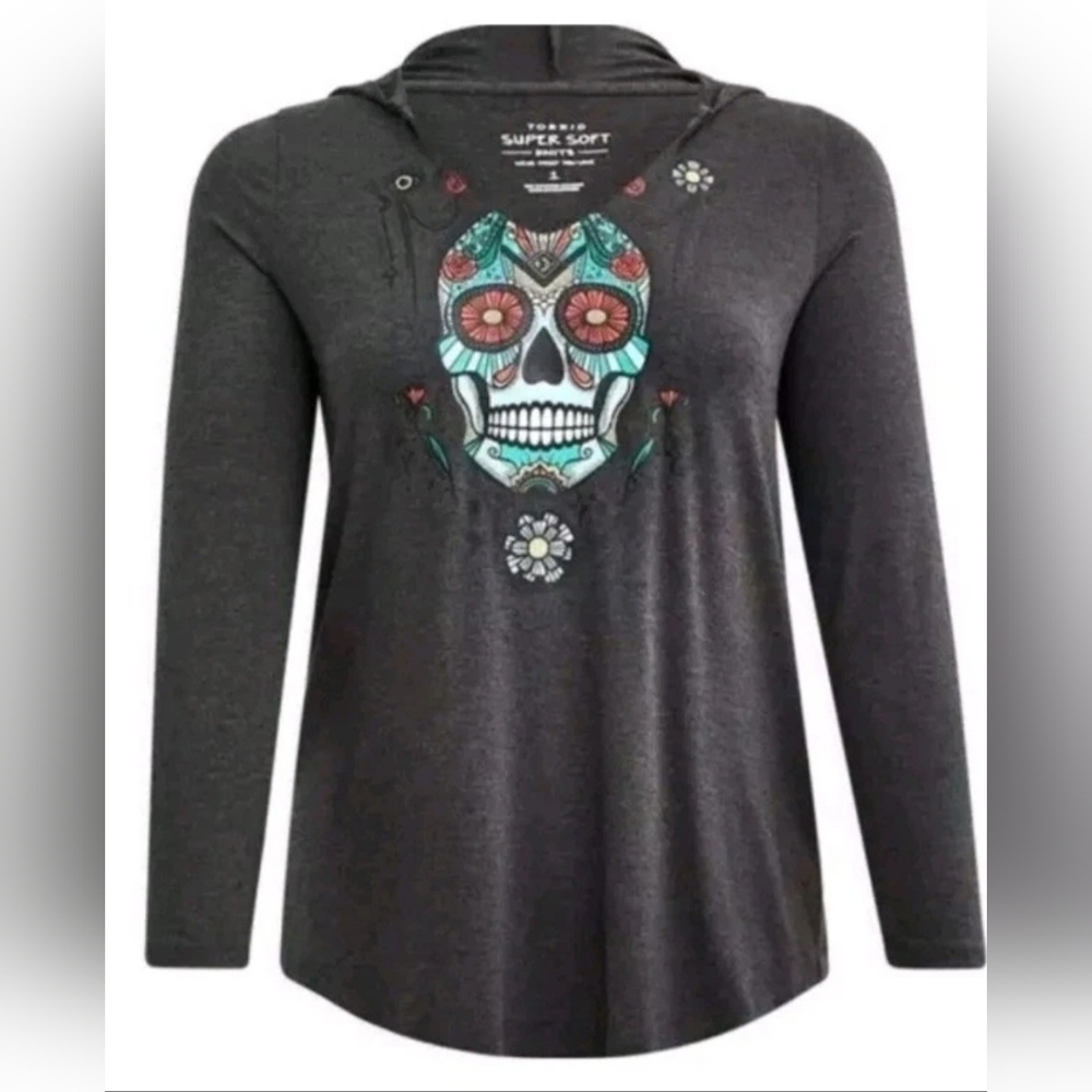 Torrid Gray Graphic Hoodie with Sugar Skull